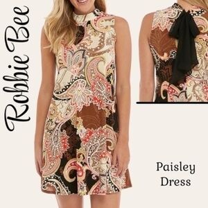 ROBBIE BEE Sleeveless Paisley Mock Neck Contrast-Back-Neck-Tie A-line Dress NWT